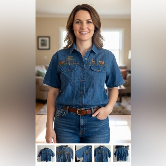 Casey & Max Tops - Vintage Blue Denim Safari Embroidered Blouse